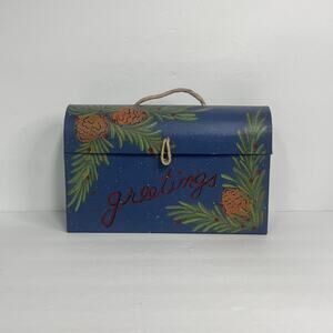 vintage‎ Y2K Christmas blue box for greeting cards handpainted Holiday Country